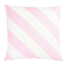 a pink and white striped pillow on a white background