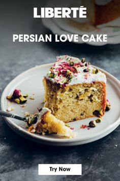 a piece of cake on a plate with the words liberte persian love cake