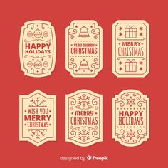 four christmas stickers with the words happy holidays and merry decorations on them, all in white