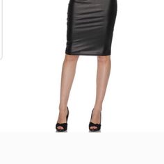 Front Panels Are Shiny Vegan Leather, Side Panels Are Stretchy Cotton/Spandex Blend, Raw Hem, Above The Knee Skirt, Waist 17",Length 20". Skirt Is Vet Comfortable With Plenty Of Stretch To Move Around In. Sleek Stretch Pencil Skirt For Night Out, Black Stretch Pencil Skirt For Club, Black Elastane Pencil Skirt For Parties, Black Party Pencil Skirt, Black Fitted Pencil Skirt For Club, Fitted Black Pencil Skirt For Club, Black Stretch Pencil Skirt For Night Out, Sleek Fitted Black Skirt, Above The Knee Skirt