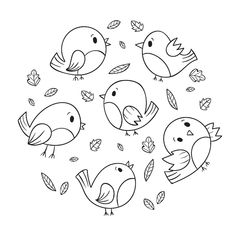 four birds with leaves around them in the shape of a circle on a white background