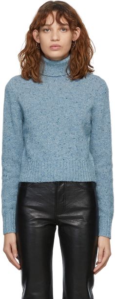 Long sleeve knit wool-blend sweater in tones of blue. Supplier color: Donegal sky | RE/DONE Blue Slim Turtleneck Tones Of Blue, Wool Blend Sweater, Long Sleeve Knit, Luxury Streetwear, Designer Fashion, Wool Blend, On Sale, Turtle Neck, Women Wear