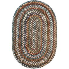 the oval rug is multicolored and has an intricate braid pattern on top of it