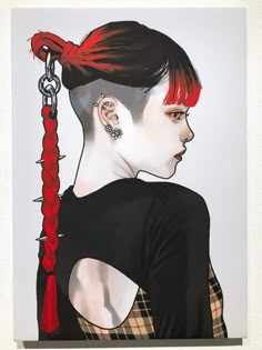 a drawing of a woman with red hair and piercings on her ear, wearing a black shirt