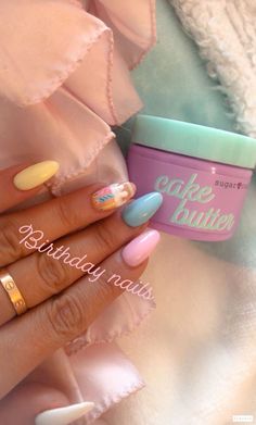 Unique Birthday Nails, Gabi Demartino Nails, Fun Pastel Nails, Cake Nails, Mismatched Nails, Teen Nails, Girls Nail Designs, Gabi Demartino, Cute Simple Nails