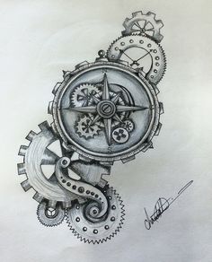 a drawing of a clock with gears on it