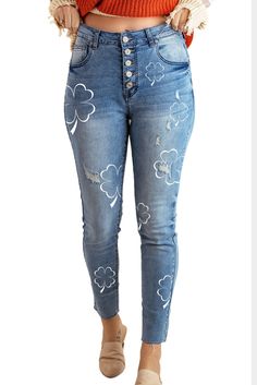 Sky Blue Clover Print Button Fly High Waist Ankle Jeans Light Blue Buttoned Bottoms For Spring, Blue Bottoms With Buttons For Spring, Blue Buttoned Bottoms For Spring, Blue Jeans With Buttons For Spring, Chic Blue Jeans With Buttons, Clover Print, Fly High, Ankle Jeans, Club Dresses