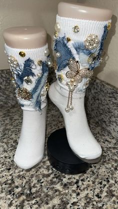 Custom Denim and Pearl Charm/junk Socks - Etsy Junk Socks, Bling Socks, Denim And Pearls, Fancy Socks, Diy Tie Dye Techniques, Denim Party, Bling Sandals, Denim Crafts Diy, Buena Park