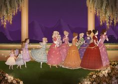 there are many princesses that are standing together