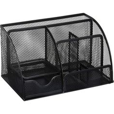 two black mesh desk caddys on white background