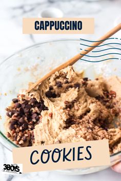 a bowl filled with cookies and chocolate chips