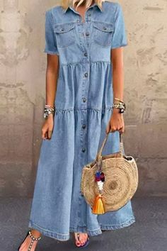 Denim Short Sleeve Solid Color Pocket Button Shirt Maxi Dress Distressed Dress, Vintage Long Dress, Vintage Shirt Dress, Moda Denim, Denim Maxi Dress, Dresses Spring, Cardigan Vintage, American Denim, Maxi Shirt Dress