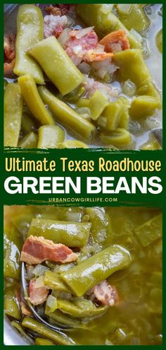 Having a big crowd at your Thanksgiving dinner party? Make this southern-style green bean recipe! Loaded with bacon, these copycat Texas Roadhouse Green Beans taste just like the original. No one would guess they're an easy Thanksgiving side! Bbq Style Green Beans, Copycat City Bbq Green Beans, Cheddars Copycat Green Beans, Whole 30 Green Beans, How To Cook Fresh Roma Green Beans, Green Bean Easter Recipe, Allen’s Green Beans, Catering Green Beans, Green Beans Texas Roadhouse