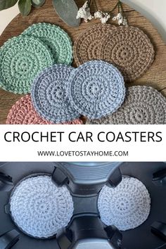 crochet car coasters with text overlay that reads, crochet car coasters