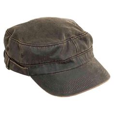 American Holly leather-look weathered cotton military style cap. Low, flat top cap with short, straight side panels. Slightly curved brim. 2.25", with stitching detail. Belt and loop detail around base. Stitched eyelets. Sectioned elastic and fabric sweatband. 52% Cotton, 48% Polyester Summer Fedora Hat, American Holly, Cadet Hat, Outdoor Hat, Fedora Hat Men, Mens Bucket Hats, Wide Brim Sun Hat, Straw Fedora, Timeless Classic Style