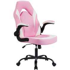 a pink and white office chair with wheels