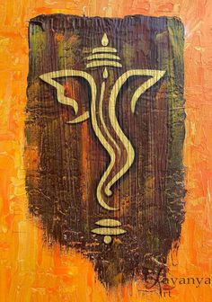 an abstract painting with gold paint on orange and yellow background, depicting a stylized figure