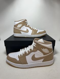 Nike Jordan 1 Mid Tan Gum  Sizes: 9, 9.5, 10, 13 SKU: 554724-271 Color: Hemp/ Gum Yellow/ White Year of Manufacture: 2021 Condition: Brand New with Original Box and 100% Authentic! Khaki Nike Shoes, Mens Winter Parka, Nike Jordan 1 Mid, Country Girl Shirts, Nike Jordan 1, Unique Sneakers, All Nike Shoes, Sneaker Lovers, Winter Parka