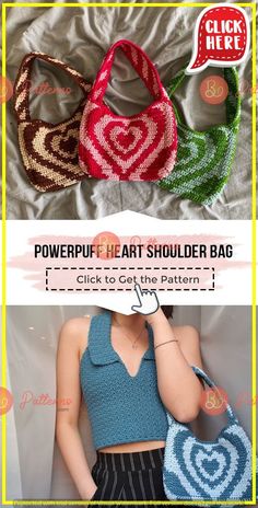 three different types of purses with the words, powerpuff art shoulder bag click to get the pattern