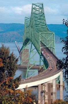 a large green bridge spanning the width of a body of water with cars driving on it