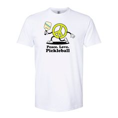 "Can't we all just get along... and play PICKLEBALL!? This t-shirt is everything you've dreamed of and more. It feels soft and lightweight, with the right amount of stretch. It's comfortable and flattering for all. * cotton/polyester * Soft combed ring spun cotton rich blend fabric * Modern classic fit * 5/8\" non-topstitched collar HOW I MAKE MY SHIRTS Basically, I create the designs to work on my standard shirt colors (White, Black, Black Mist, Cactus, Navy Heather and Red Mist). Then when you place an order, I'll pull the selected color/size and make the shirt right then and there. This allows me to not hold stock of all the different sizes etc." Fun White Sports T-shirt, Fun Graphic Print T-shirt For Sports Events, Fun Pre-shrunk Sports T-shirt, White Novelty Shirt Pre-shrunk, White Novelty Pre-shrunk Shirt, Novelty White Pre-shrunk Shirt, Pickleball Graphic Tee With Screen Print, Friday Nights, Pickle Ball