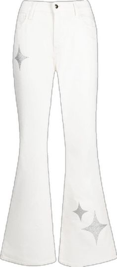 Chic Flare Jeans For Summer, Trendy White Stretch Flare Jeans, White Stretch Flare Jeans, Chic Flare Jeans With Flared Hem For Summer, Chic White Flare Bottoms, Summer Stretch White Flare Jeans, White Stretch Flare Jeans For Summer, Trendy White Flare Bottoms, Trendy White Mid-rise Flare Jeans