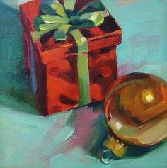 a painting of a red box with a green bow and a golden bell on it