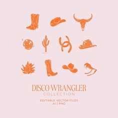 a collection of cowboy hats and other items on a pink background with the words disco wrangler