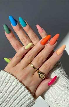 Colourful Acrylic Nails, Different Color Nails, Summer Gel Nails, Cute Summer Nails, Thanksgiving Nails, Colorful Nail Designs, Rainbow Nails, Summer Nails Colors, Pastel Nails