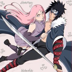 two anime characters one with pink hair and the other wearing black, holding swords in their hands