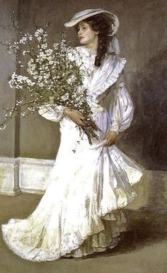 a painting of a woman in a white dress and hat holding a bouquet of flowers