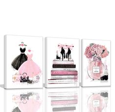 three canvases with pink and black fashion items on top of each other, one in front of the other