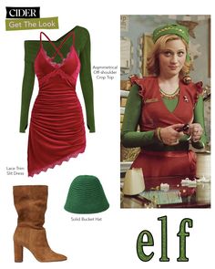 a woman in red dress and green hat next to an elf's outfit with the caption get the look