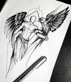 a pencil drawing of an angel and a man with wings on his body holding a cross