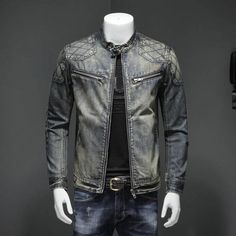 PLEASE NOTE  sizes fit smaller please attach height and weight for accurate sizing and pay attention to the size chart  Product Details Fabric :Denim/cotton Collar type :stand collar Style : Slim fit / front zipper  Suitable for casual occasions Denim Jacket Patches, Zipper Jeans, Retro Blue, Denim Patches, Denim Jacket Men, Denim Coat Jacket, Denim Cotton, Casual Coat, Denim Outfit