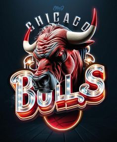 the chicago bulls basketball team is depicted in this neon sign style poster, which features an image of a bull's head