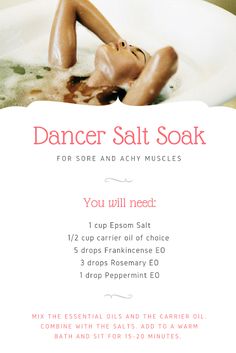 a woman laying in a bathtub with the words dancer salt soak on it