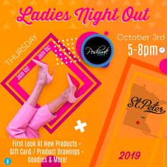 ladies'night out flyer for the first look at new products, gift card and product drawings goodies & more