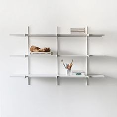 a white shelf with books and other items on it