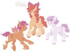 three little ponys that are standing next to each other on a white background with pink hair