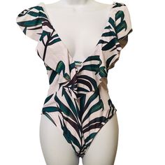 Zaful Green White Black Swimsuit Size M Brand New Condition White V-neck Tropical Swimwear, White One-piece Swimwear With Tropical Print, White Beachy Swimwear With Palm Tree Print, Summer Leaf Print Swimwear For Beach Season, Green Floral Print Bodysuit For Beach, White Summer Bodysuit, White Summer Bodysuit For Vacation, Summer White Bodysuit For Vacation, White Beachy Bodysuit For Pool