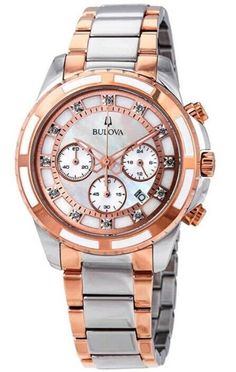 Bulova Women's Automatic Chronograph Diamond Accent Two-Tone 34mm Watch 98P181 Chronograph functionality. Subdials: 24-hour, 30 minutes and 60 seconds. Silver mother of pearl dial with diamond accent hour markers. Date display. Rose gold and silver tone stainless steel bracelet. Quartz  movement.  Brand Bulova Model Number 98P181 Item Shape Round Dial Window Material Type Sapphire Display Type Analog Clasp Fold over Case Material Stainless Steel Case Diameter 34mm Band Material Stainless Steel B Display Type, 60 Seconds, Women Wrist Watch, Dope Outfits, Stainless Steel Band, Steel Bracelet, Stainless Steel Bracelet, Quartz Movement, Gold Watch