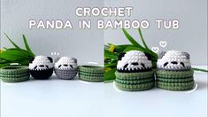 crochet panda in bamboo tubs are lined up on a table with green leaves