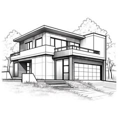 a drawing of a modern house in black and white