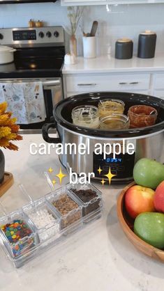 an image of food in the kitchen with words caramel apple bar