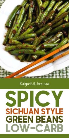 spicy sicilian style green beans in a white bowl with chopsticks on the side