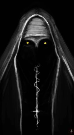 a black and white drawing of a person with yellow eyes in the dark, wearing a veil