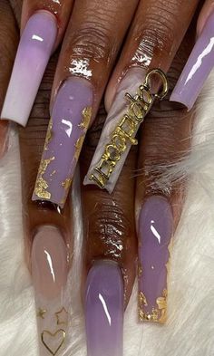 23 Gorgeous Gold Foil Nails Designs You Need to Copy Now | Polish and Pearls Purple And Gold Gel Nails, Purple N Gold Nails, 30th Birthday Nails Turning 30, Foil Design Nails, Nail Foils Designs, Bright Color Nail Designs, Capricorn Nails Acrylic, Lavender And Gold Nails, Foil Nails Designs