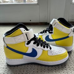 Brand New! Leather. Custom Colors: Yellow, Blue, White, And Grey. Haven't Been Worn! Yellow High-top Basketball Shoes, Nike Custom High-top Sneakers In Yellow, Nike Custom Yellow High-top Sneakers, Nike Casual Custom Sneakers In Neon Yellow, Casual Custom Sneakers In Neon Yellow With Round Toe, Yellow Mid-top Custom Sneakers For Sports, Yellow Mid-top Sporty Basketball Shoes, Custom Yellow Mid-top Sneakers For Sports, Sporty Yellow Mid-top Basketball Shoes