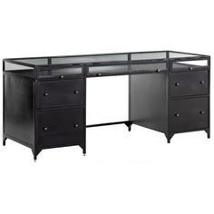 an office desk with drawers and a glass top on wheels, in black metal finish